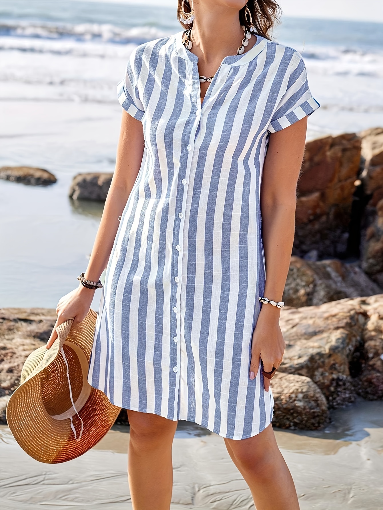 women's casual striped midi dress short sleeve button knee Temu