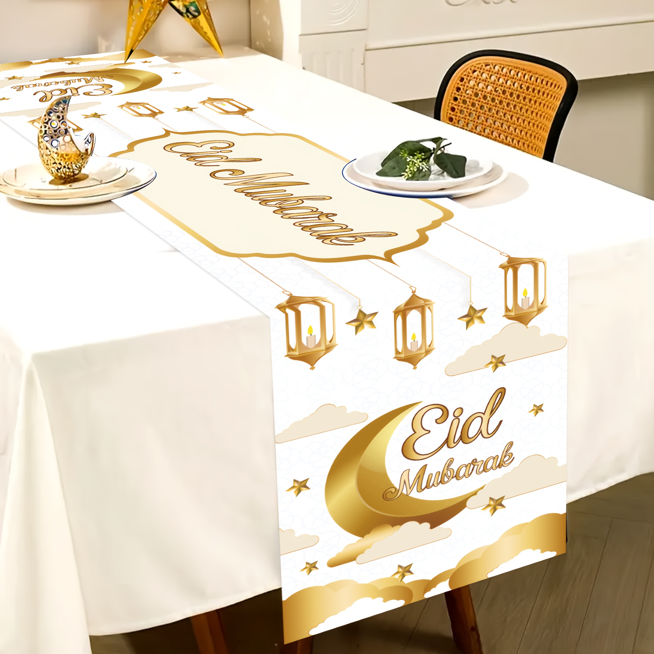 

1pc Chemin de table Eid en polyester - 180cm x 35cm, décoration de table à avec des lanternes de l'Aïd et des pour la de l'Aïd al Fitr