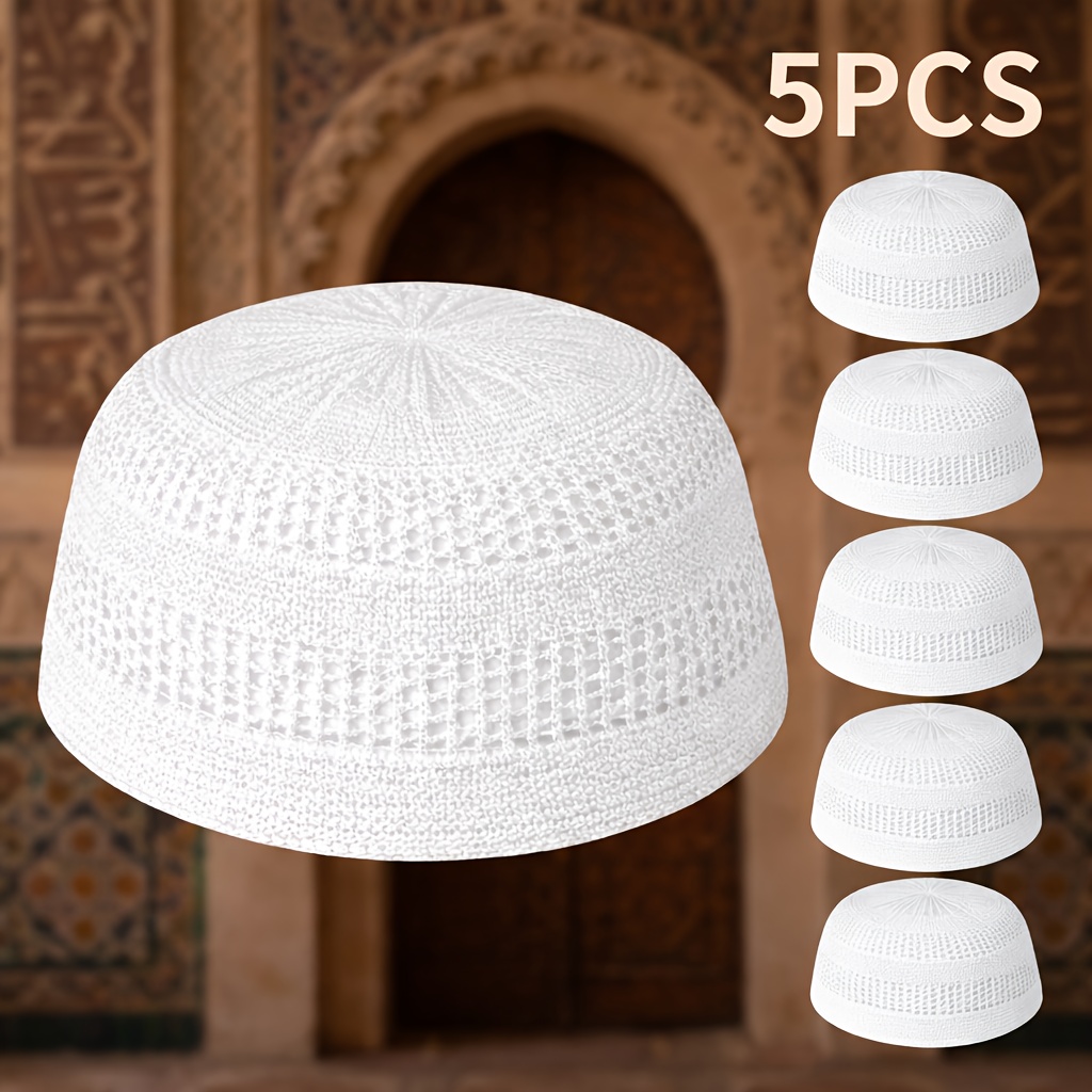 TEMU Set Of 5, And Elegant All-white Ethnic Hats, Mature And Classic, Lightweight And Breathable. Suitable For: Daily , Eid Al-fitr, Wedding