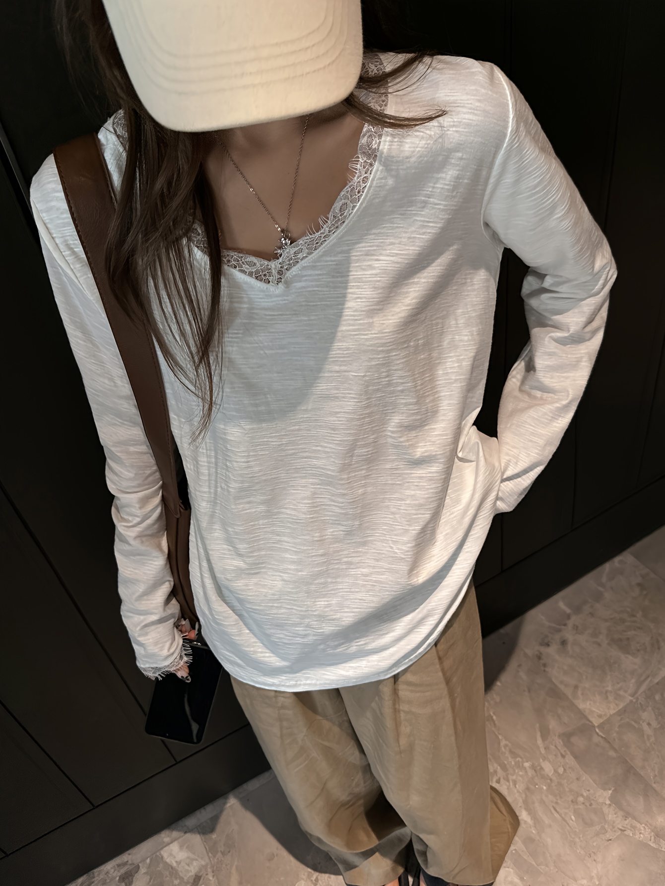 nueva camiseta otoño estilo cuello en u encaje Temu Uruguay