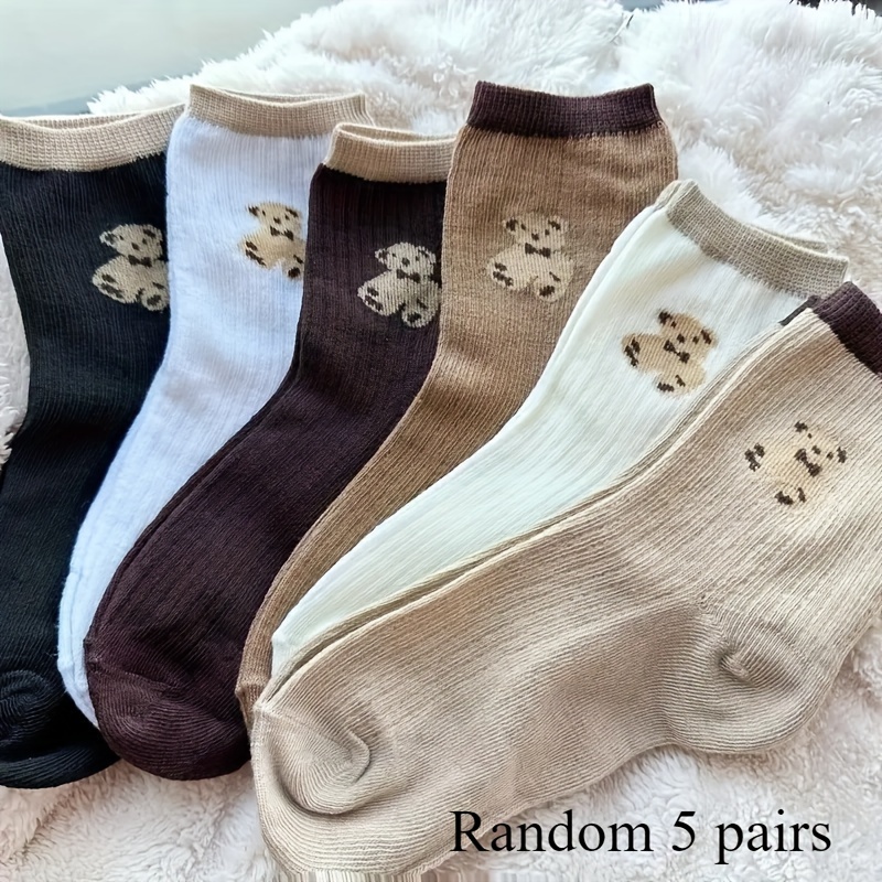 TEMU 5-pair Women's Mid-calf Socks, New Autumn Style, College Style, Teddy Bear, Korean Style Women's Socks For Fall/winter