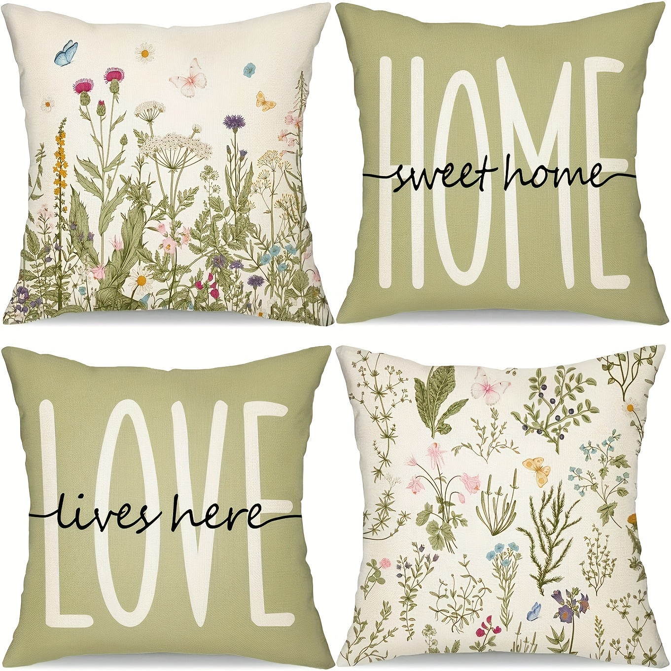 

4pcs Welcome Of Spring Covers 45.72 X 45.72 Cm Cushions Green Floral Plant Pillowcases Decor Outdoor Garden Swing Patio Arrangement Linen Cushions