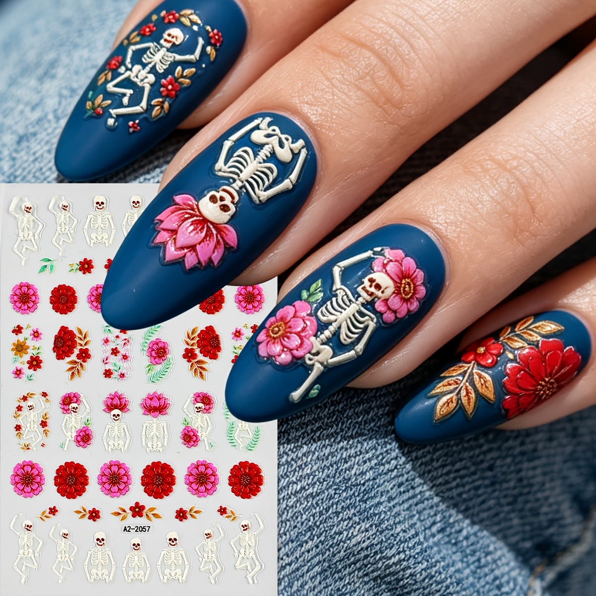 TEMU 1 Foglio di Adesivi per Nail Art Gotici di Halloween, Adesivi per Unghie con Teschi di Zucchero in 5D, Decalcomanie Autoadesive per Unghie, per