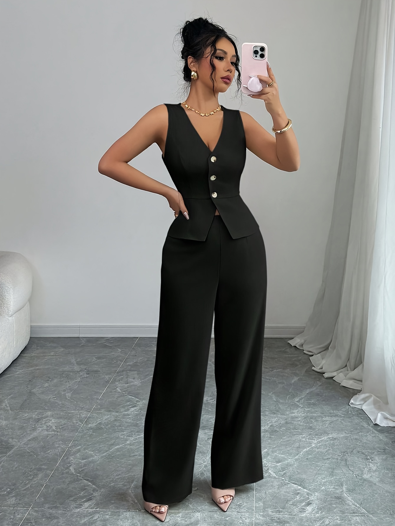 Conjunto elegante de top sin mangas y pantalones de mujer, atuendo de oficina de verano - Imagen 4