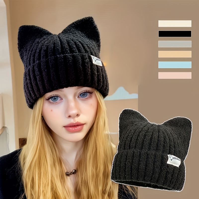 

Women's Autumn Winter Knitted Beanie Hat With Cat Ears, Cute Warm Ear Protection, Elastic Polyester Knit Cap With Random Decorative Accessories, Machine Washable