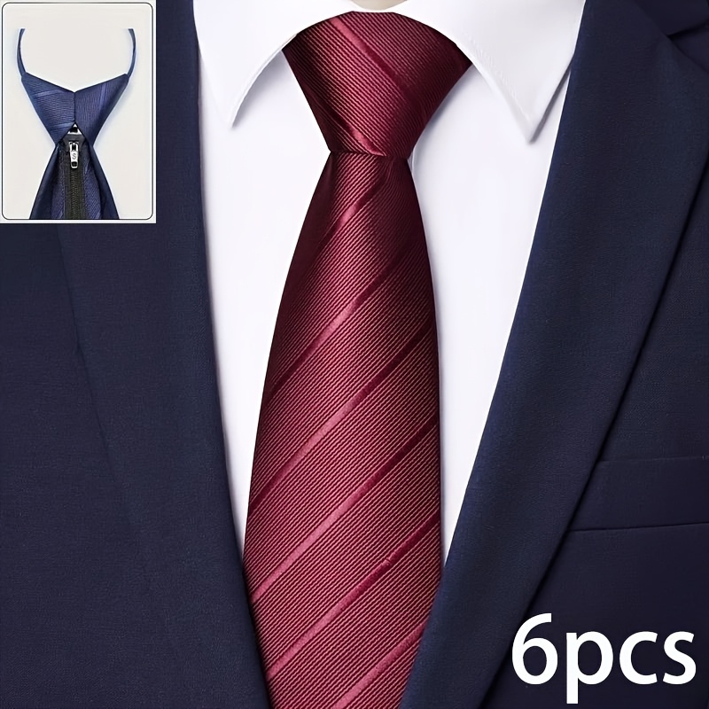 Set of 6 Men's Pre-Tied Zipper Neckties in Black, Navy, Burgundy, and Stylish Colors for Formal Occasions