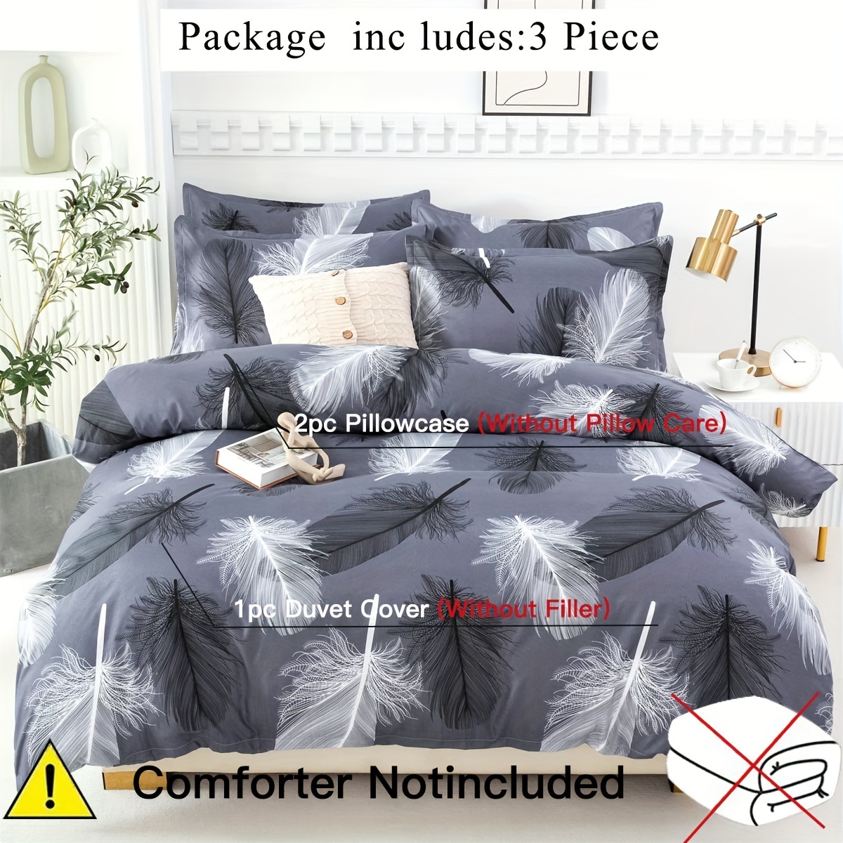 Image of Black And White Feather Duvet Cover 3pcs Set (1pc Duvet Cover, 2pcs Pillowcases, )
