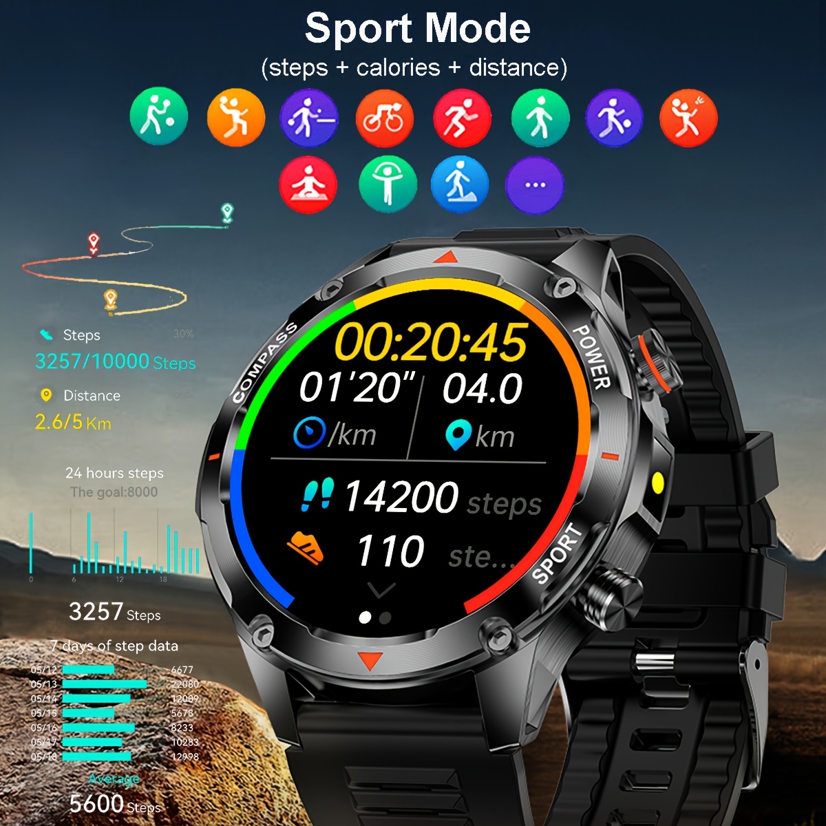 Men's Sports Smartwatch with LED Flashlight & Multiple Watch Faces