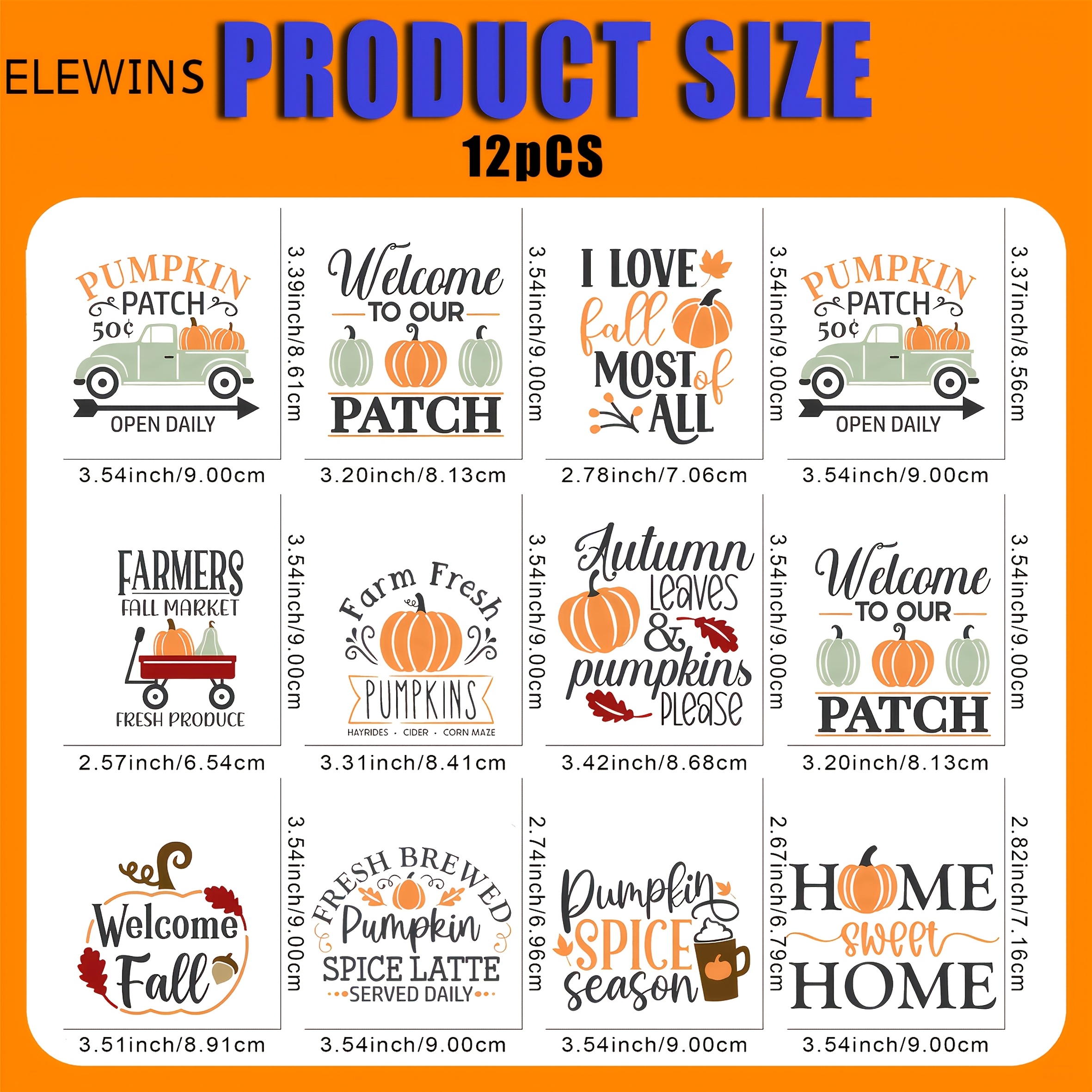 TEMU 12pcs Fall Pumpkin Iron-on Transfers - Designs With Farmhouse Phrases, Orange & Teal Autumn Colors - Heat Transfer Stickers For T-shirts,