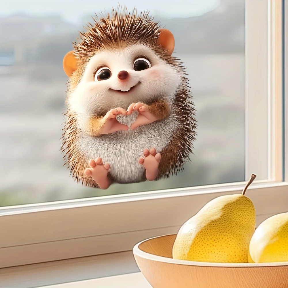 Hedgehog And Stick Window Sticker - Removable Animal Art Decal, Suitable For Home, Office, Kitchen, Living Room, Bedroom, Bathroom - Cute Brown And White Plush Design With Heart Gesture, Home Decor