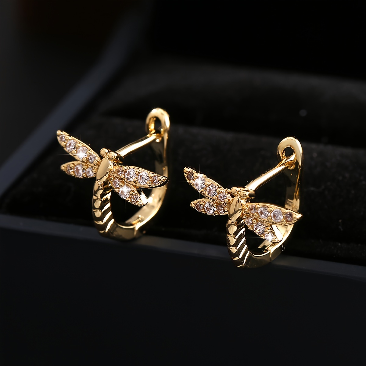 TEMU Elegant Golden-tone Dragonfly Earrings With Sparkling Cubic Zirconia - Vintage Style Copper, Nickel-free, Or Gifting, Ideal Valentine's Day Present, Dragonfly Jewelry Earrings