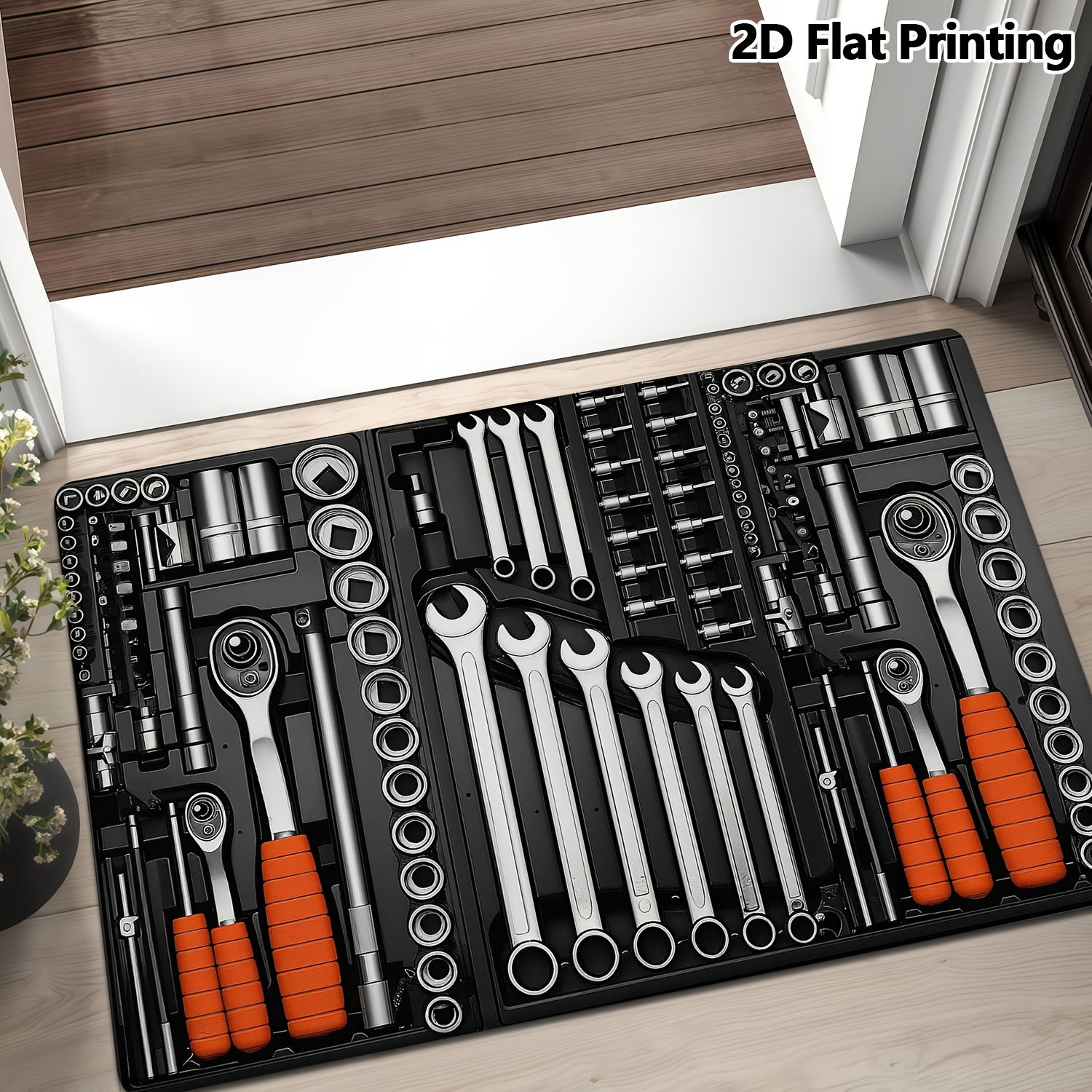 TEMU Paillasson plat 2D avec poignée orange, motif imprimé boîte à outils complète, très grand, tapis de , convient , , , , la ferme, , , , tapis de