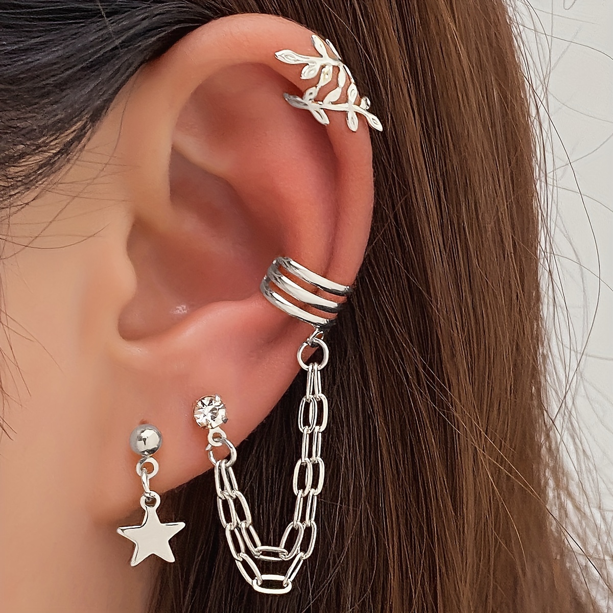 3pcs Star Chain Leaf Clip-On Earrings Set for Women