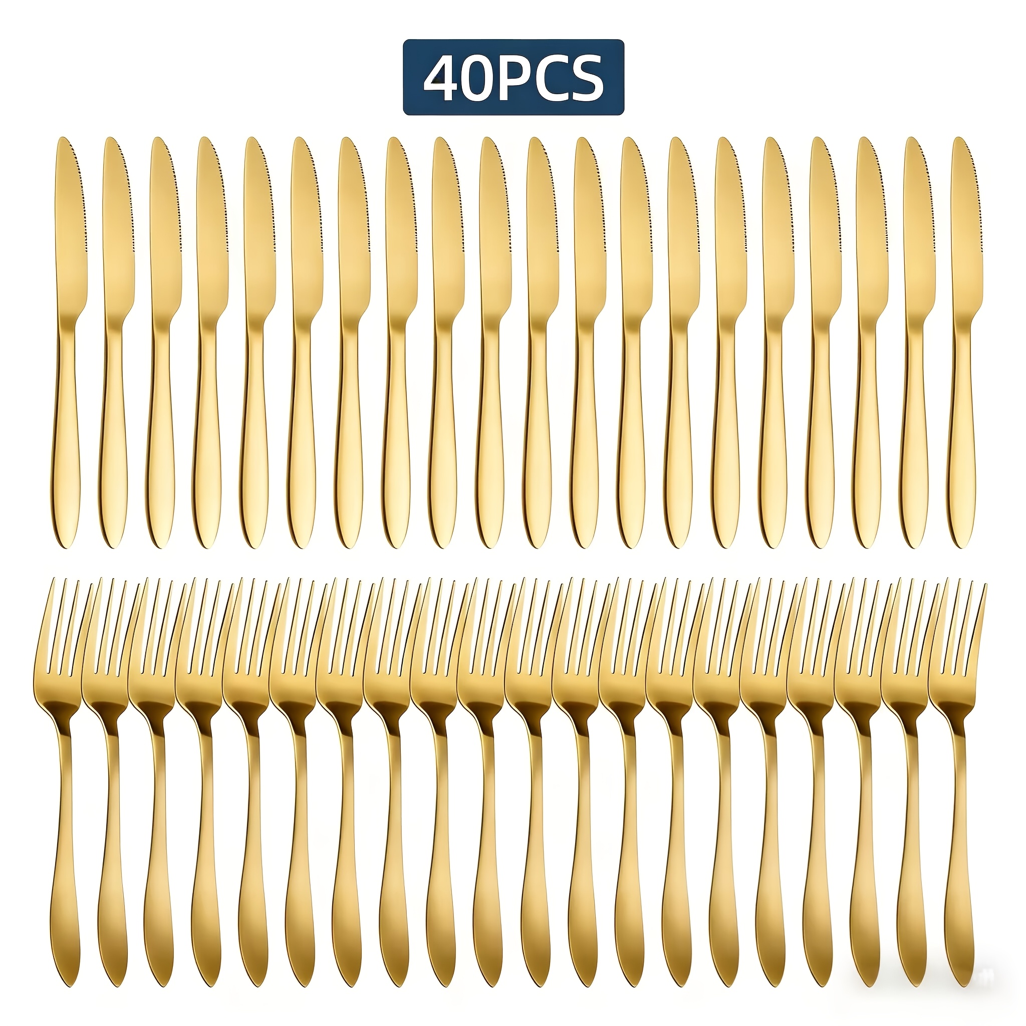 Image of 40pcs Stainless Steel Elegant Cutlery Set, Golden Household Dinner Forks And Western Knives, Light Silvery Steak Knives And Forks, Hotel Western Cutlery Set