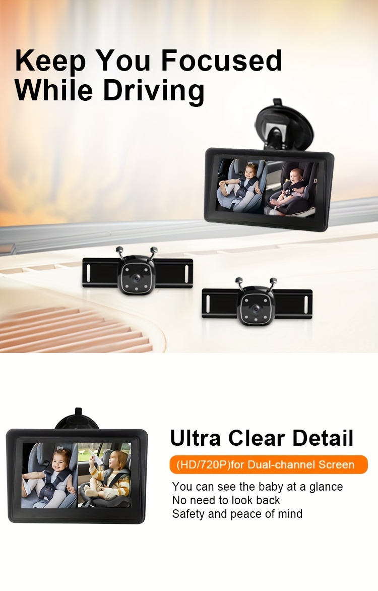 Easy-Install 12.7cm Dual-Channel Car Mirror with IR Night Vision - Rear Facing Seat Safety Camera, Powered by Car Charger details 2