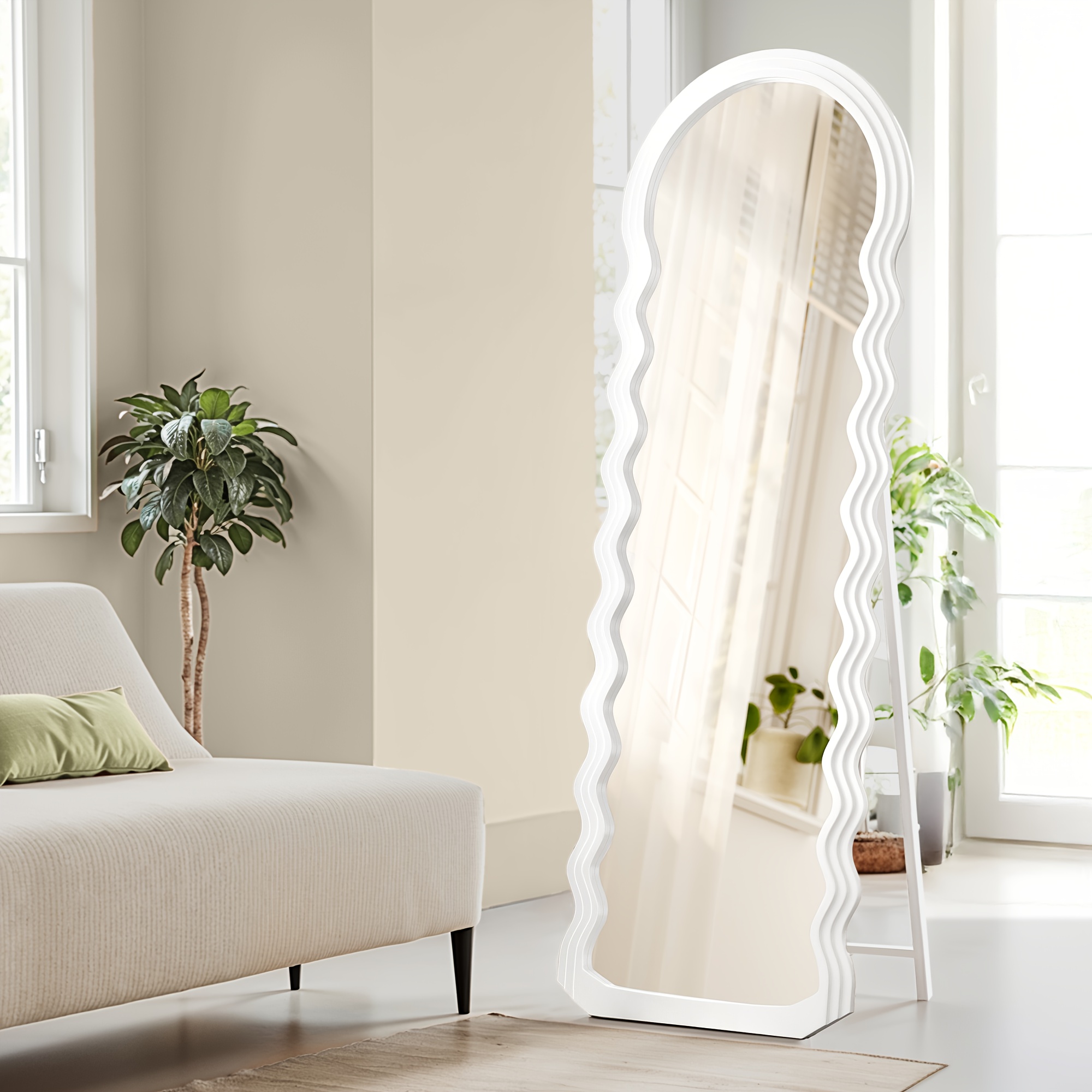 E-shop Ganzkörperspiegel, 160 x 50 cm, Standspiegel, gewelltes Design, mit Ständer, freistehend, MDF-Rahmen, für Schlafzimmer, Wohnzimmer,