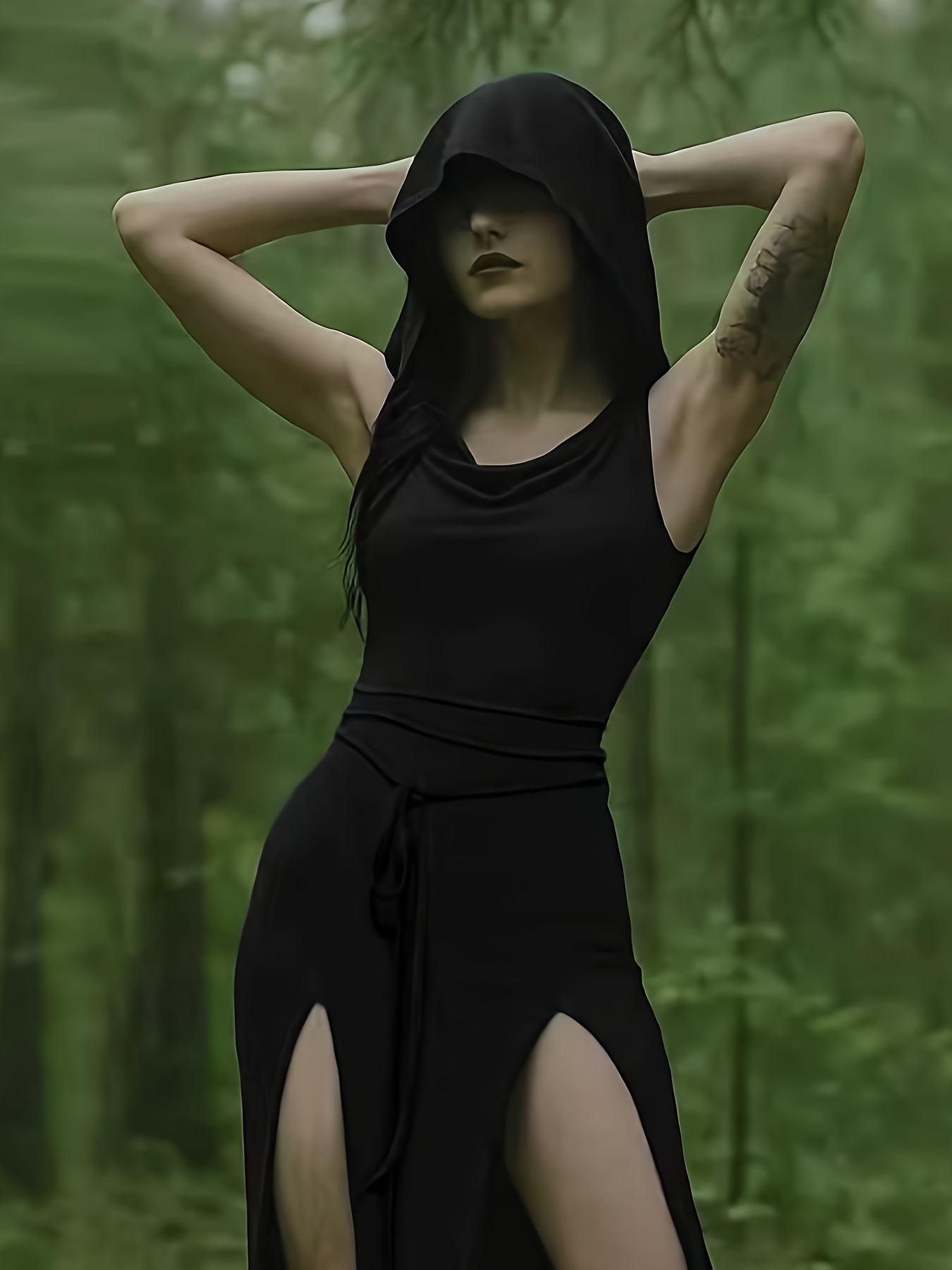 green emerald velvet dress MISTIK Dress Maxi Night Black Long Sleeve Hooded main image 0