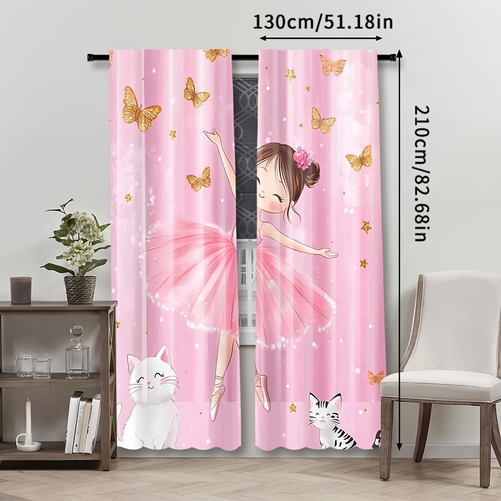 TEMU 2pcs Adorable Cartoon Ballet Dancer And Kitty Rod Pocket Curtains, Semi-transparent Polyester, Ideal For Living Room, Bedroom, Princess Room,