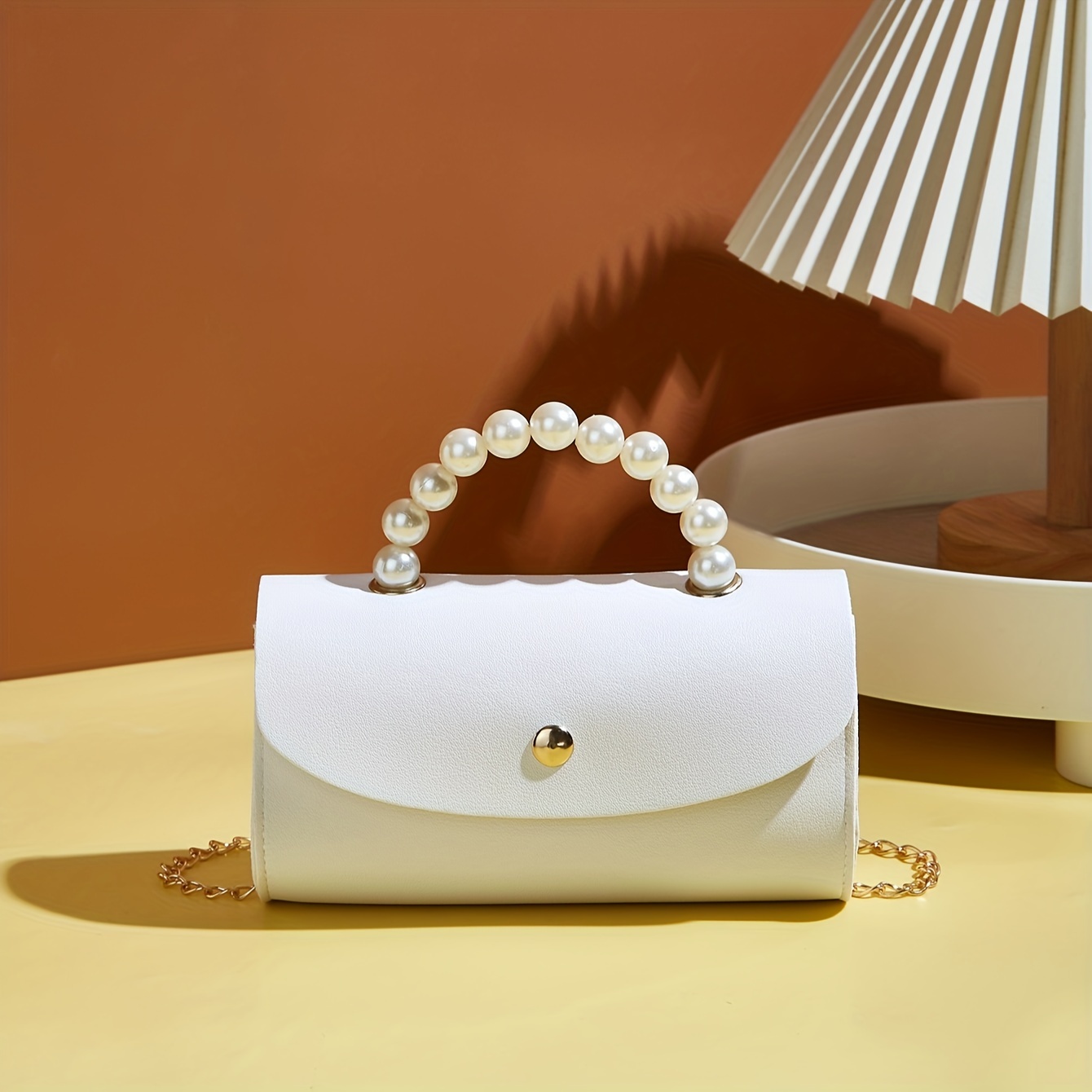 TEMU Elegant Pearl-embellished Women's Handbag With Detachable Chain Strap - Chic Crossbody & Shoulder Purse, Faux Leather