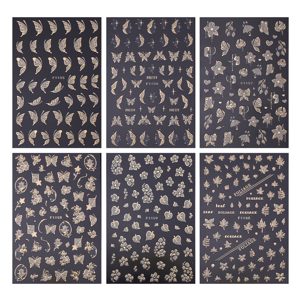Image of 6 Sheets Autumn Winter Golden Glitter Flowers 3d Nail Art Stickers Fall Leaves Maple Sparkle Butterflies Floral Leaf 3d Nail Decal Slider Diy Manicure