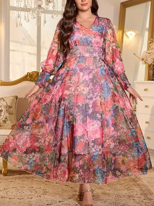 Plus Size, 2026 New * * Print V-neck Long Sleeve Lantern Sleeve Loose Long Waist Women's Big * Date * Flowing Dress Plus Size, 2026 New * * Print V-neck Long Sleeve Lantern Sleeve Loose Long Waist Women's Big * Date * Flowing Dress
