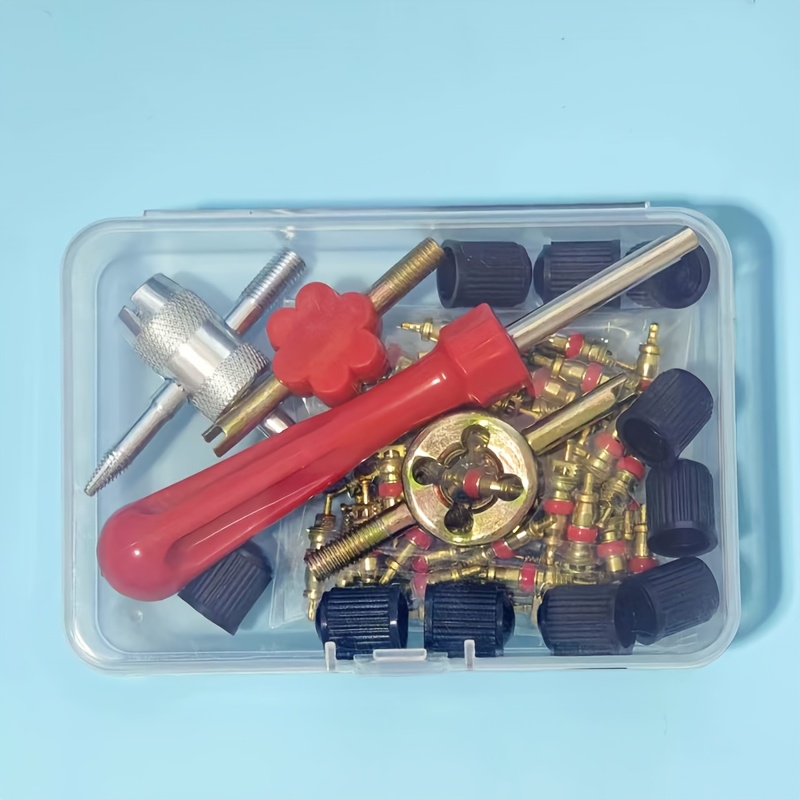 TEMU 64pcs Tire Valve Repair Kit, 50pcs Valve Cores   10pcs Valve Caps   4 Removal Tools, Universal Tire Valve Replacement Set For Car, Motorcycle,