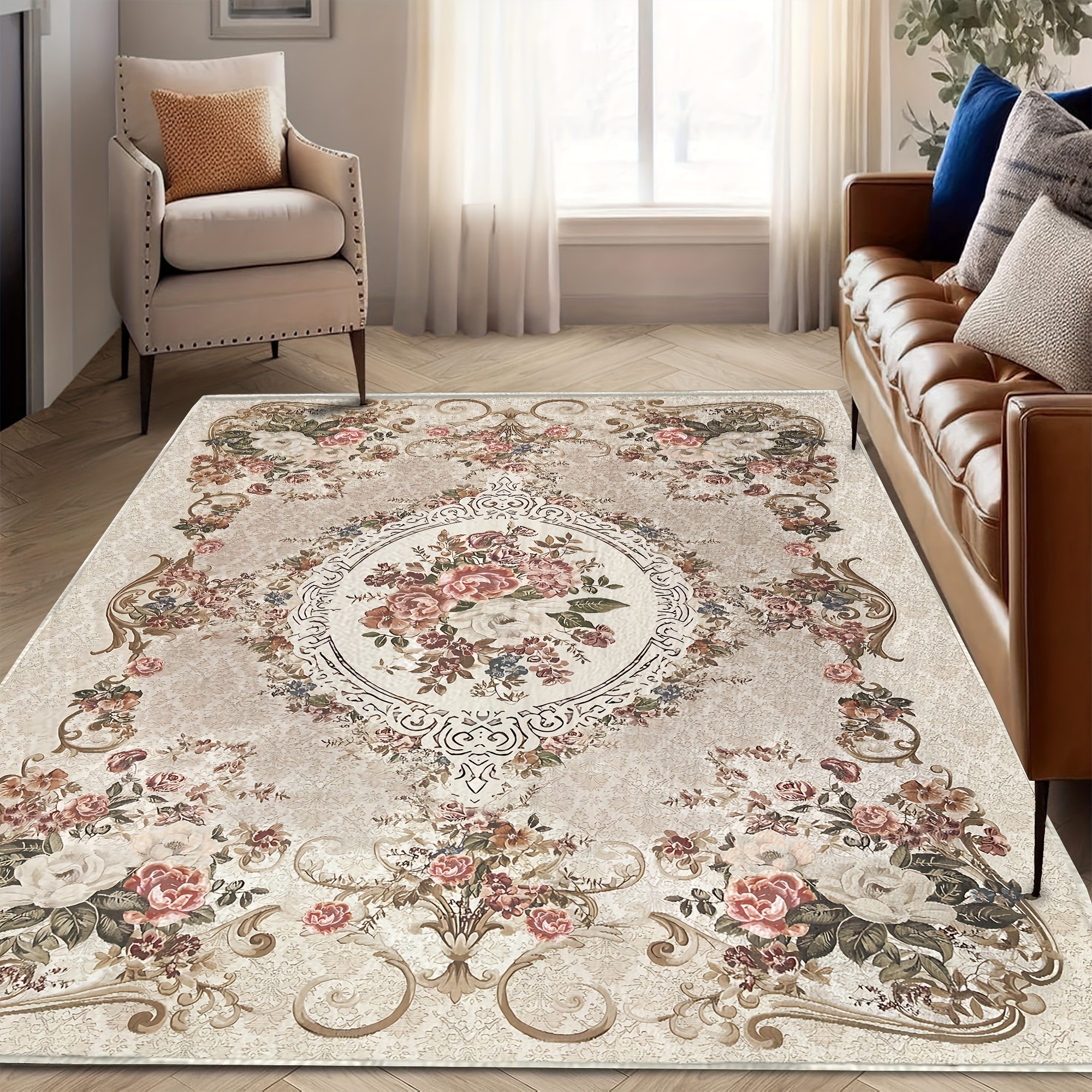 

Elegant Bohemian Vintage Persian Flower Area Mat, Fleece, Non-shedding, Easy To Clean, Ideal For Living Room, Bedroom, Balcony - Machine Washable, Rectangular, Rugs For Living Room, Mat, Decoration