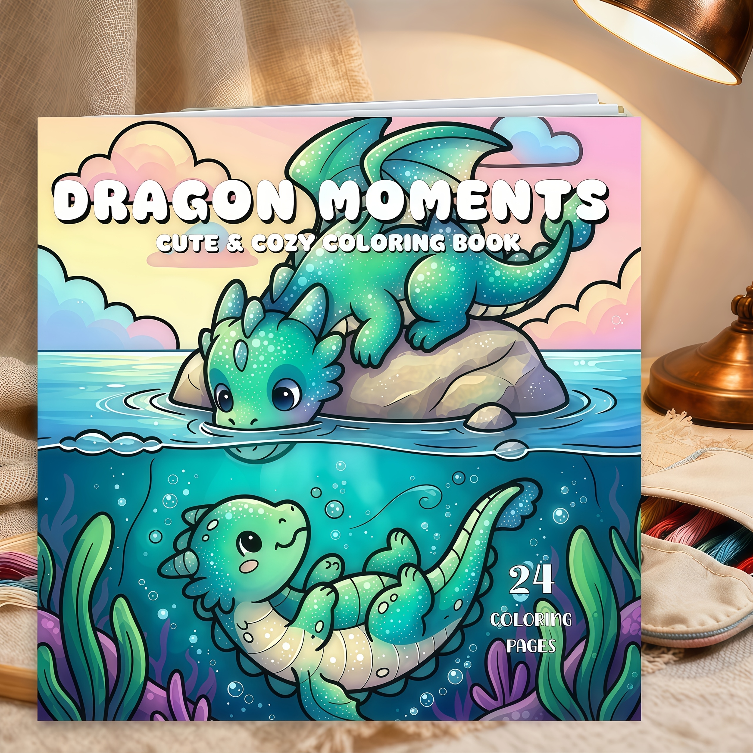 TEMU Schattig Kleine Tijd Kleurboek, 24 Pagina's met Schattige Fantasiedraak Kleurpatronen, met Leuke Onderwater Oceaandraak Scènes met Duidelijke