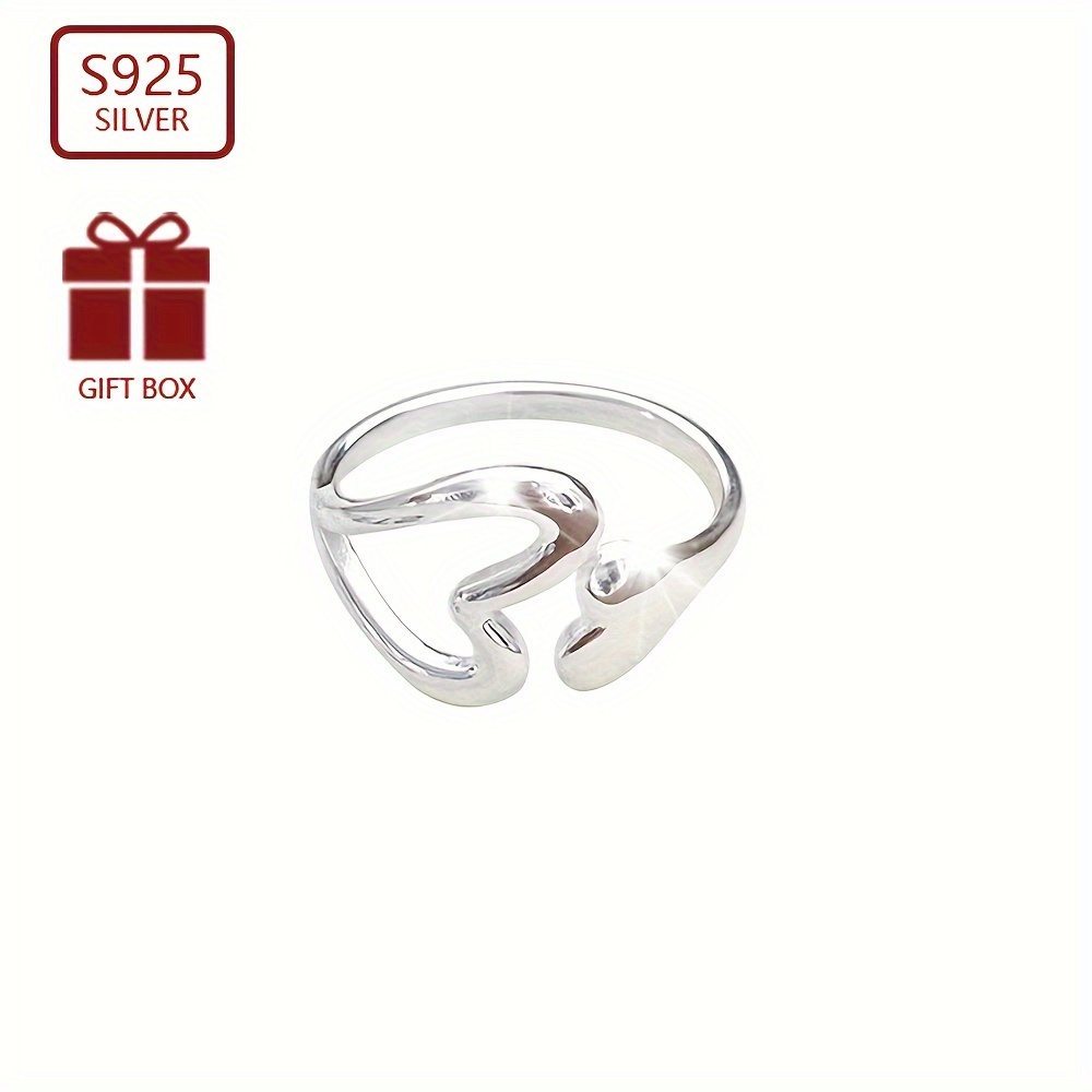 

1pc 925 Sterling Silver Hollow Love Heart Open Ring Niche Design Adjustable Finger Ring Jewelry Decoration