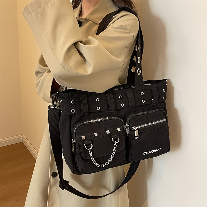 Image of New Dark Goth Heavy Studded Tote Bag, Large Capacity Shoulder Body Bag Trendy Biker Bag