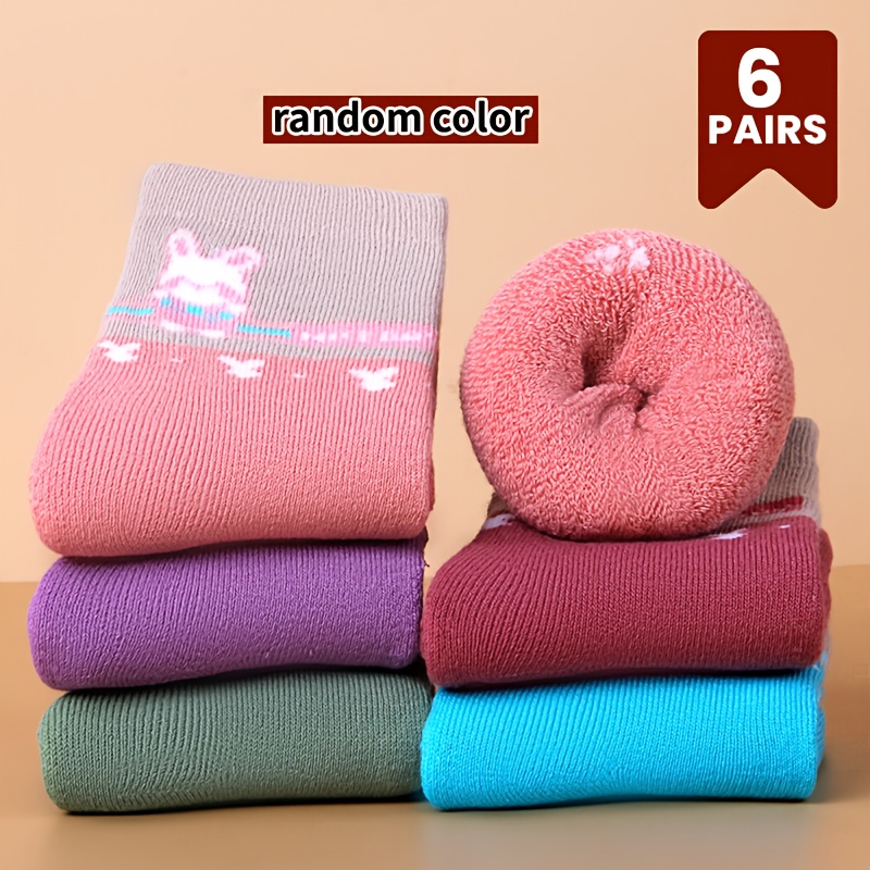 Image of 6 Pairs Of Warm Fleece Socks, Thick Mid-calf Socks For Girls In Autumn And Winter, Featuring A Cute Rabbit Pattern, Color Random