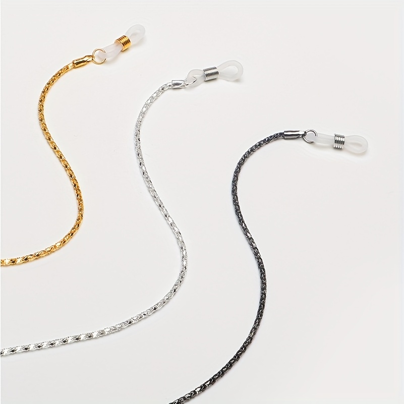 Image of Set Of 3 Glasses Chains In Golden, Silvery, And Black Colors, Made Of Metal, Featuring Hollow Links, Perfect For Holding Glasses