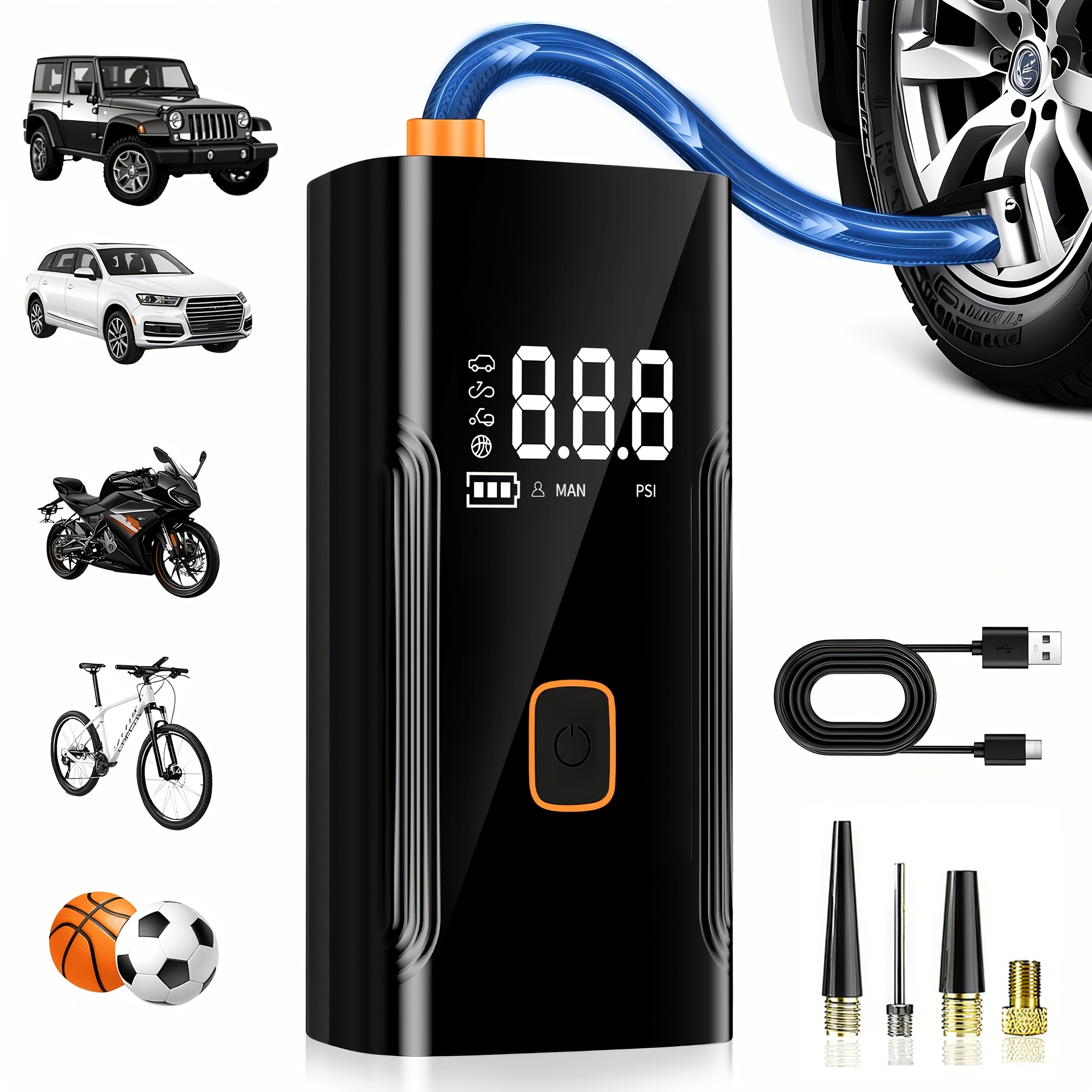 photo de l'article pompe à air portable 150psi / manomètre numérique / lumière led / chargement usb / batterie lithium-ion rechargeable / convient pour voitures / vélos / motos / ballons