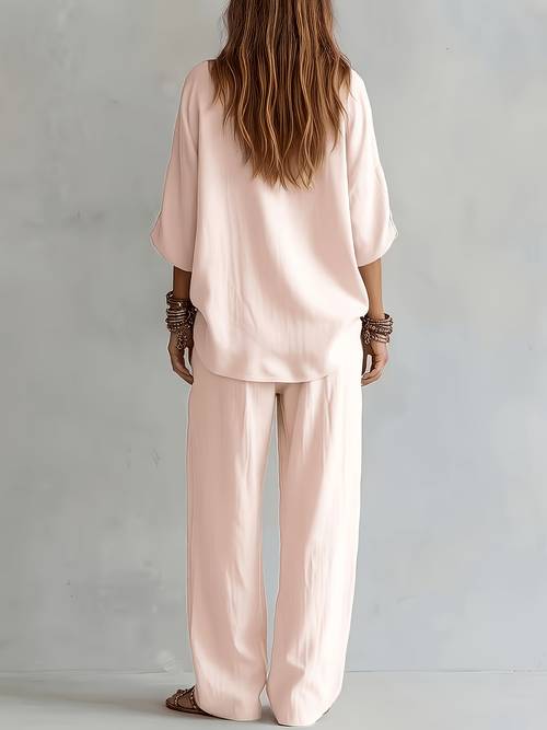 bk260512079 spring summer autumn womens fashion suit blouse with large round neck and off shoulder design side slits on blouse one shoulder wear long sleeves to short sleeves trousers with pockets casual vacation travel