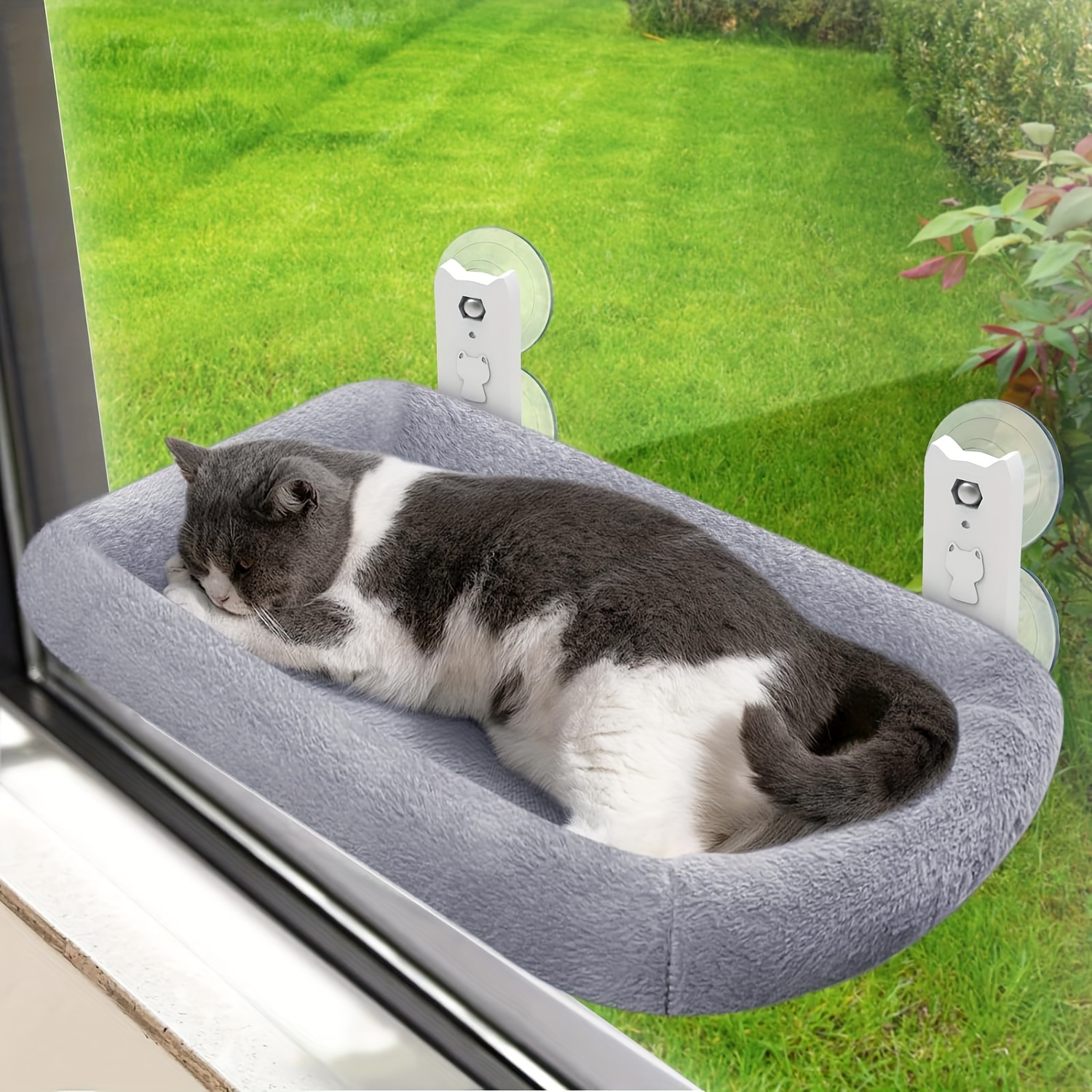 

1pc Cat Window Perch, Cordless Cat With Cozy Pad For Indoor Cats, Metal Frame Support Cat Bed With 4 Suction Cups For Large Cats