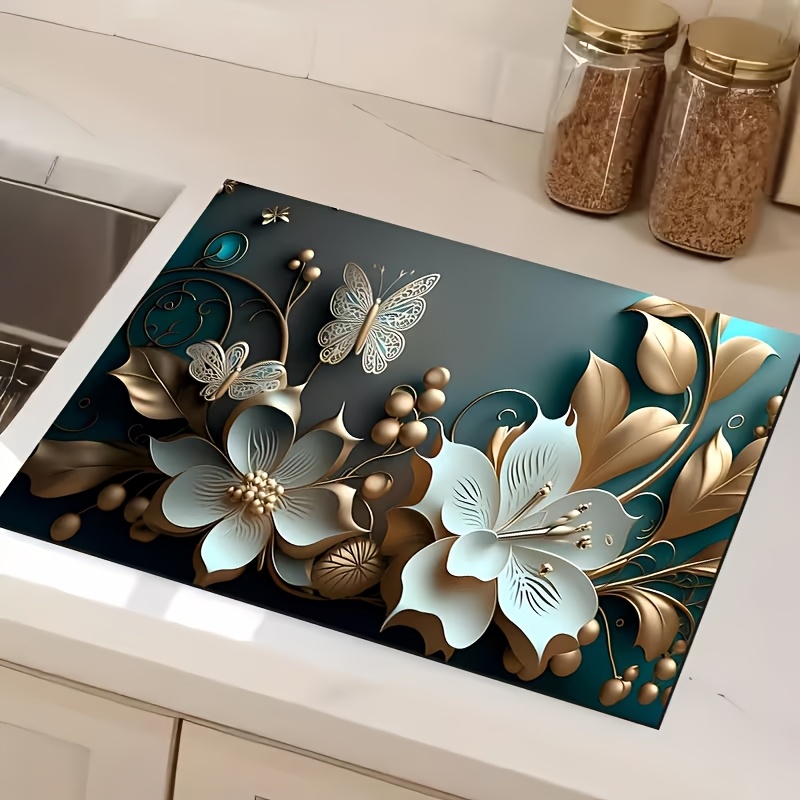 TEMU 1pc Luxury Floral Diatomite Drying Mat - Non-slip Quick-dry Absorbent Sink & Dish Drying Rack Mat Suitable, Bathroom, Coffee Machine, Bathtub -