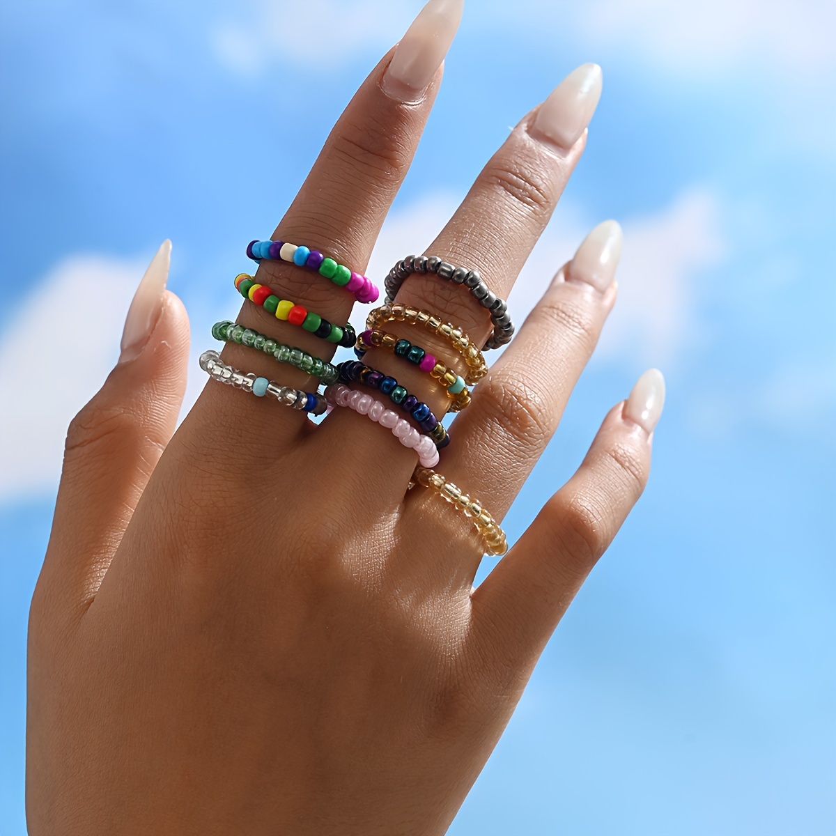 

10-piece Bohemian Mixed Color Beaded Rings Set, Retro Vacation Style Beaded Stretch Elastic Rings, Minimalist Colorful Band, Vintage & Sexy Trendy Color Contrasting Jewelry Set