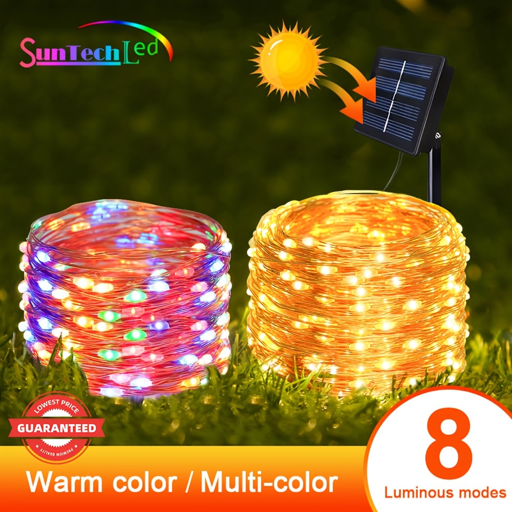 

1pc 32m Outdoor Led Solar Fairy String Light, 300/200/100/50 Leds Copper Silver Wire Garland, 8 Modes For Wedding, Party