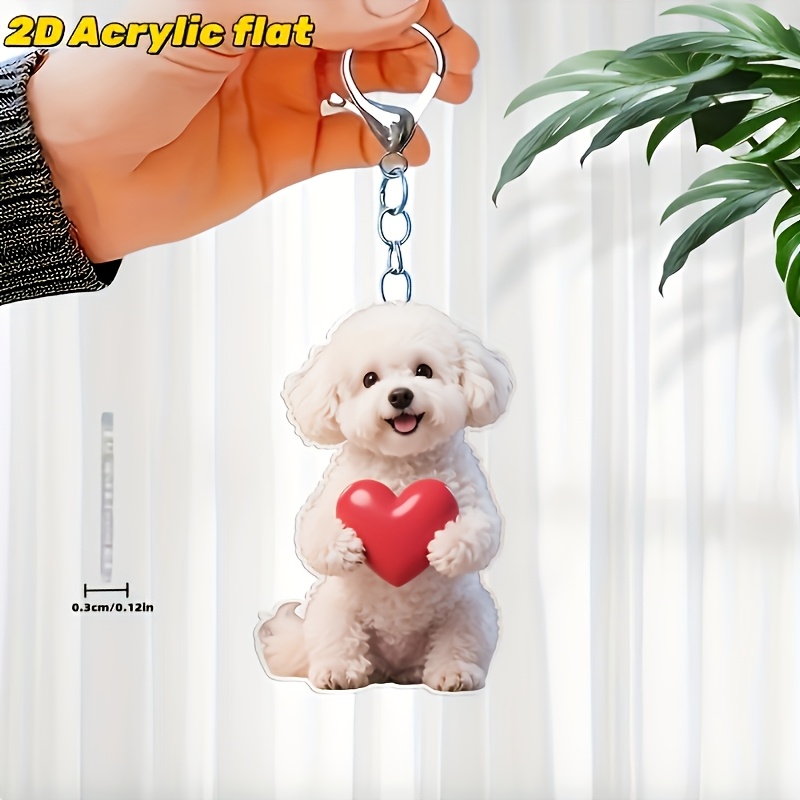 Image of 2d Flat, [2d Flat] 1pc Maltese Dog Holding A Heart Pattern Acrylic Decoration, Stylish Acrylic Pendant, Car Keychain, Backpack And Bag Charm, Gift And Holiday Gift, 2d Flat