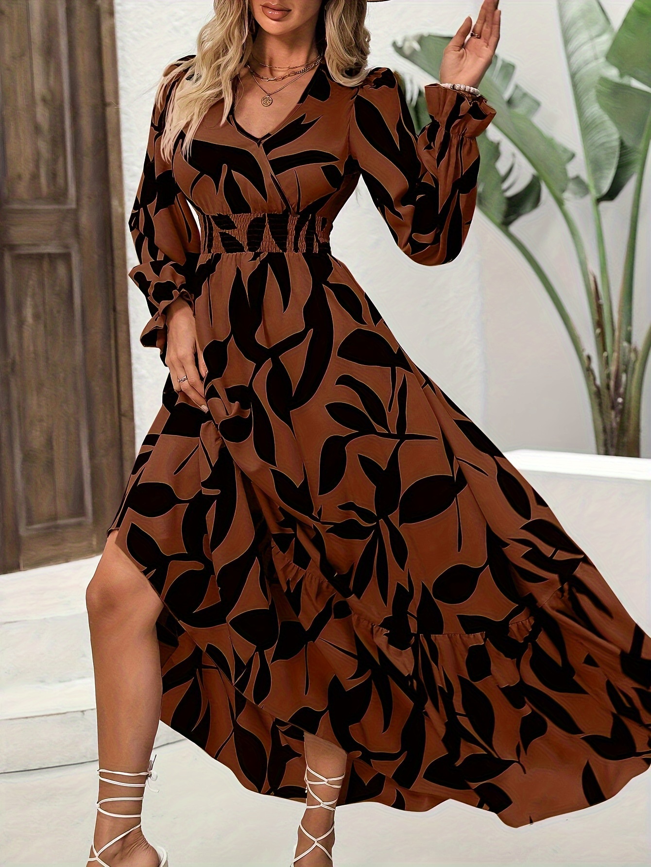 womens elegant floral print maxi dress long sleeve v neck a Temu