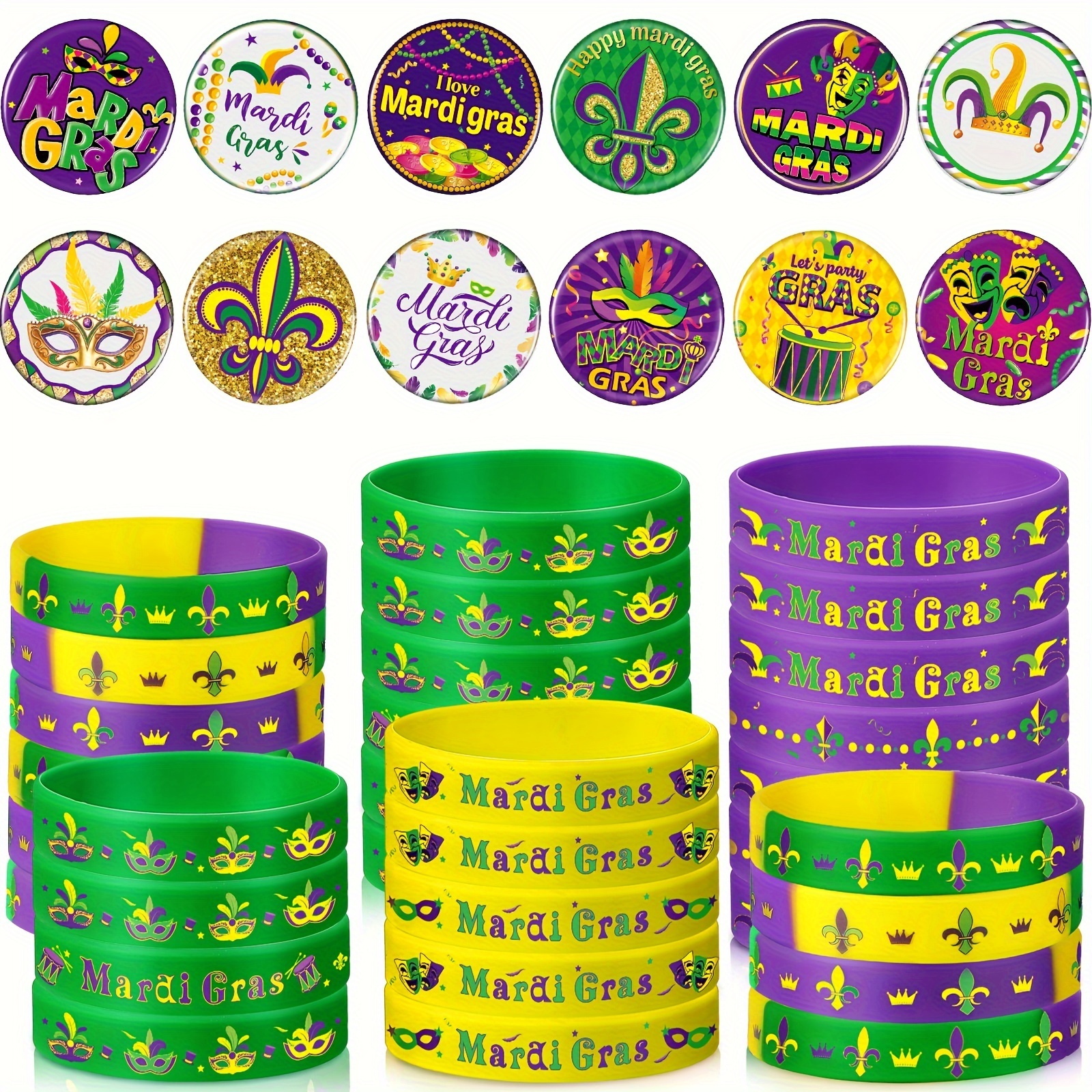 

72 Pcs Mardi Gras Party Favors Garland Crown Mask Sign Silicone Bracelet Rubber Wristband Masquerade Party Button Badges Pins For New Orleans Themed Party Fat Tuesday Party Carnival Party Supplies