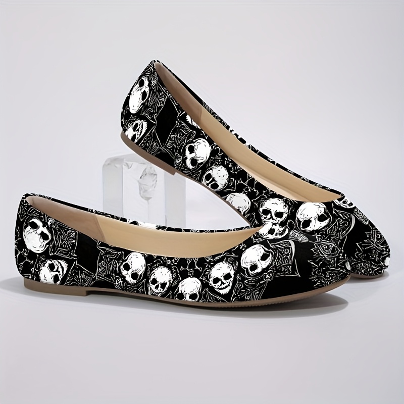 TEMU Women's Round-toe Flats Featuring A Black And White Skull Design In 2d Print., Women Shoes