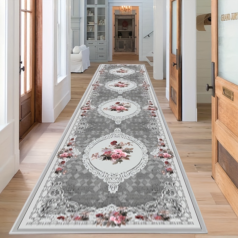 TEMU 1pc, European-style Floral Pattern Long Runner Rug, Flannel Material, Printed With Multiple Oval Vintage Picture Frames And Floral Patterns,