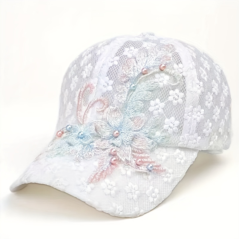TEMU 1 Casquette de baseball brodée à fleurs pour femmes, 1 pièce, en respirante, chapeau d'été fin en dentelle (couleur de fleur aléatoire)