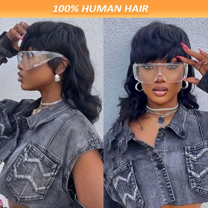 

10inch Short Body Wave Mullet Human Hair Wig For Women Color Daily Party Use Wig 150% Density Machine Made With Bangs Wig For