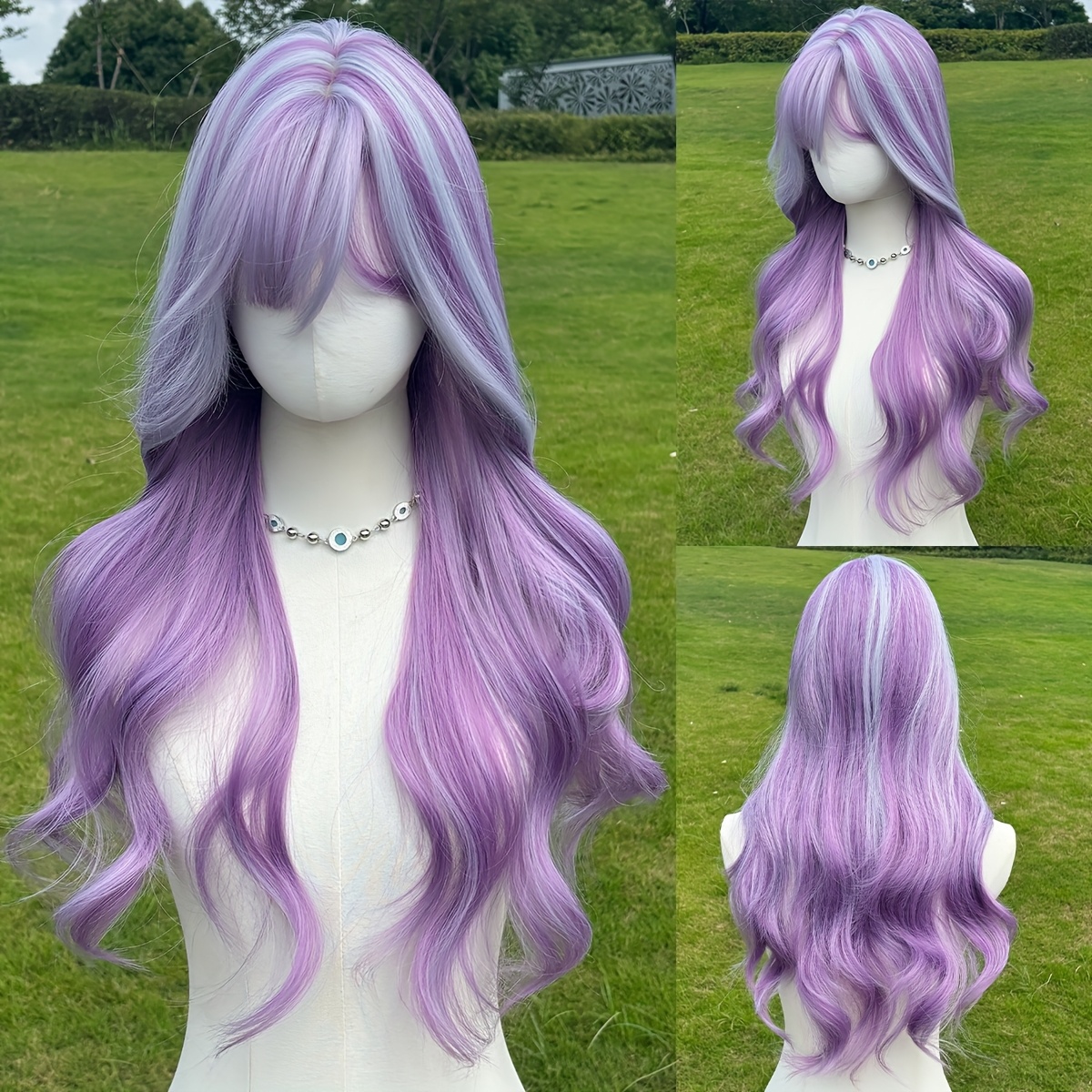 TEMU Perruque synthétique haute violet dégradé | Style long et avec frange et bonnet en respirante | Idéale pour un usage , les fêtes, les courts