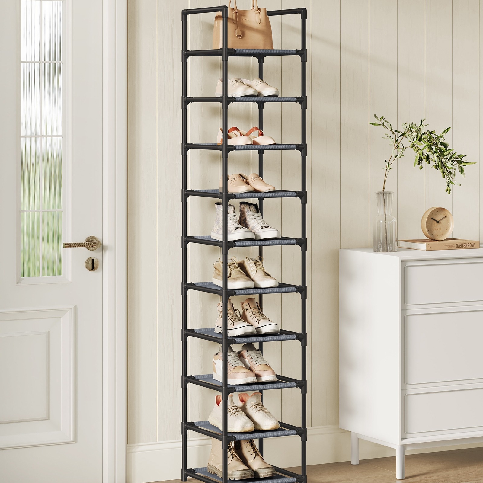 E-shop 10-Etagen Schuhregal, Platzsparendes Schuhablage, 33 x 33 x 173 cm, Metallrahmen, Vliesstoff-Ablagen, für Flur oder Schlafzimmer