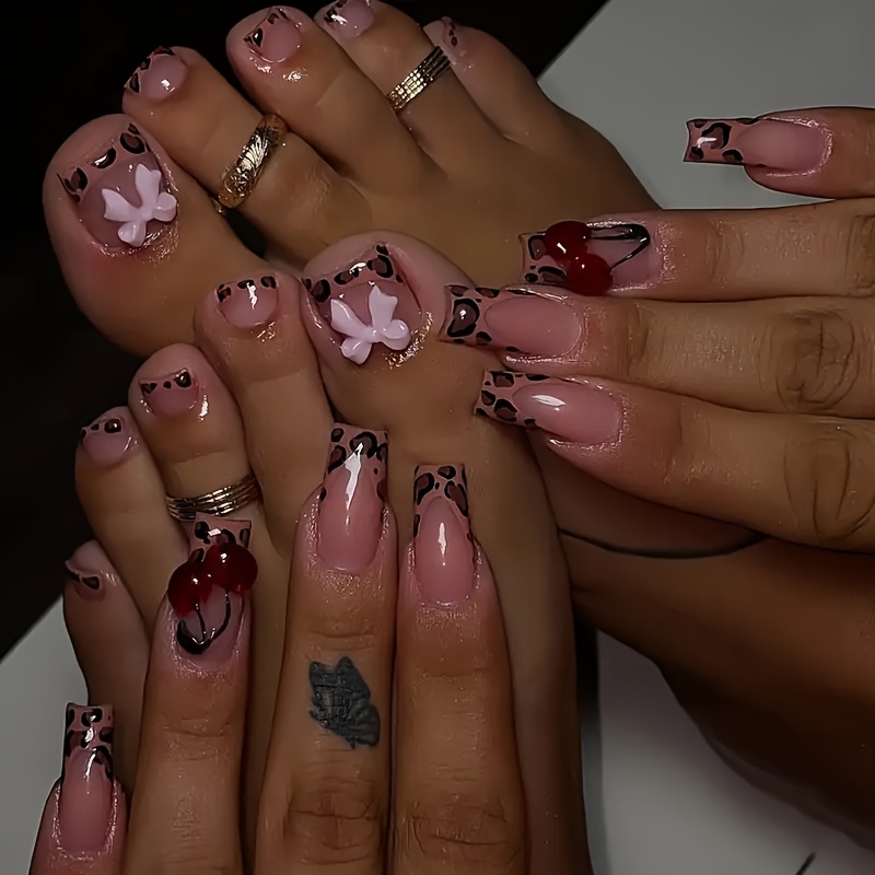 TEMU 1 Set 48pcs Square Shape Press-on Fake Nails Hand And Foot Combo Nail Stickers Hot Leopard Print Cute Bow Tie Suitable For All Women And Box