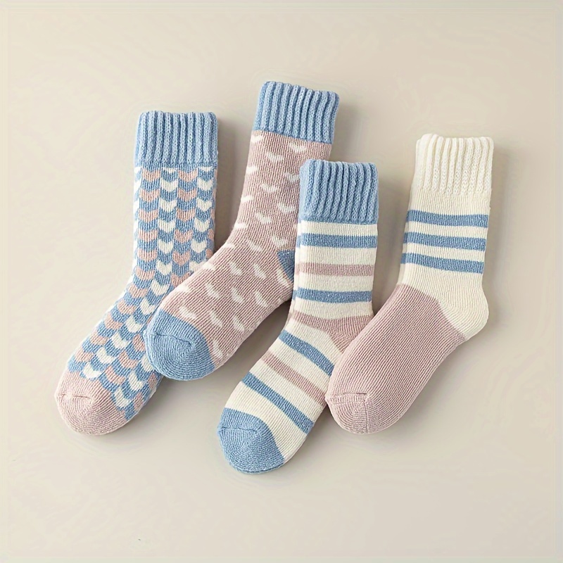 Image of 4-pair Blue Terrycloth Women's Mid-calf Socks, Autumn/winter Style, Plush-lined Thickened Thermal Insulated Socks, Floor Slouch Socks