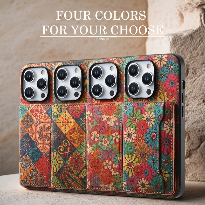 DENIOR Wooden Phonecase for iPhone 15/ 14/ 13/ 12 Series Case, with Glue Kickstand And Card Holder 3 Card Slots Can Insert 3-5 Cards Shockproof Protection, Turquoise And Red Flowers, Cork Wooden